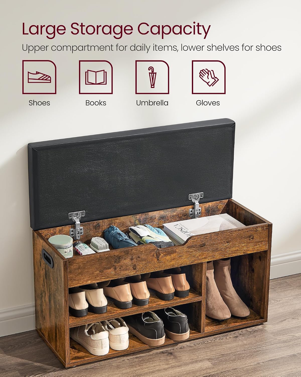 VASAGLE Storage Bench with Cushion, Shoe Bench,11.8 x 31.5 x 17.3 Inches | Padded Seat, Hidden Storage, Hold up to300 lb, Entryway, Rustic Brown and Ink Black, CUSTOS Collection ULHS30BX