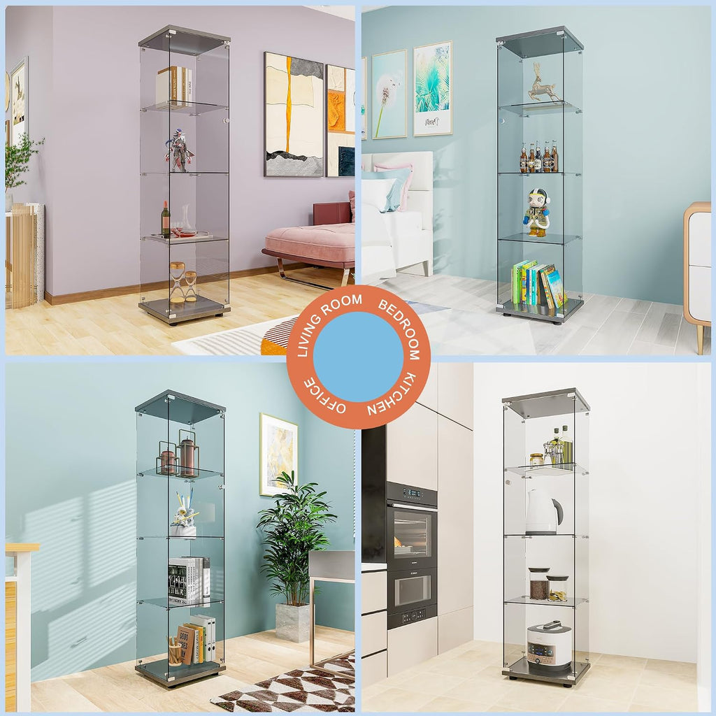FANYUSHOW Tempered Glass Display Cabinet 4-Shelf Curio Cabinet with Security Lock 5mm Display Shelf Showcase for Living Room/Bedroom/Office- Black 64.7" H x 16.7" L x 14.37" W
