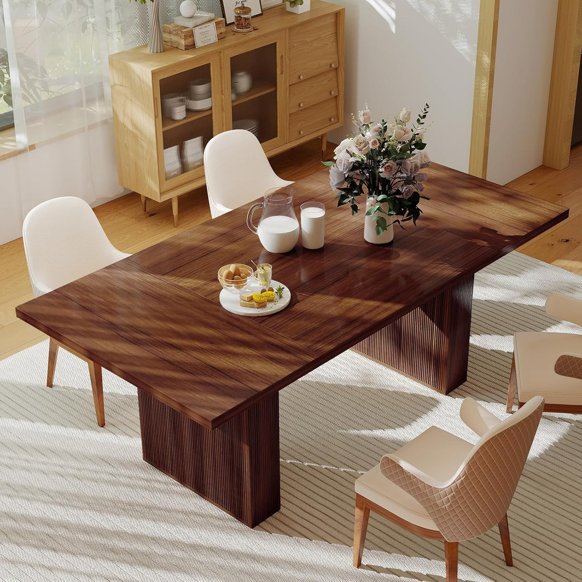 Miereirl 78 Inch Rectangular Dining Table for 6-8 People, Large Modern Farmhouse Kitchen Table with Grooved Wood-Strip Base, Perfect for Dining Room or Family Gathering, Walnut