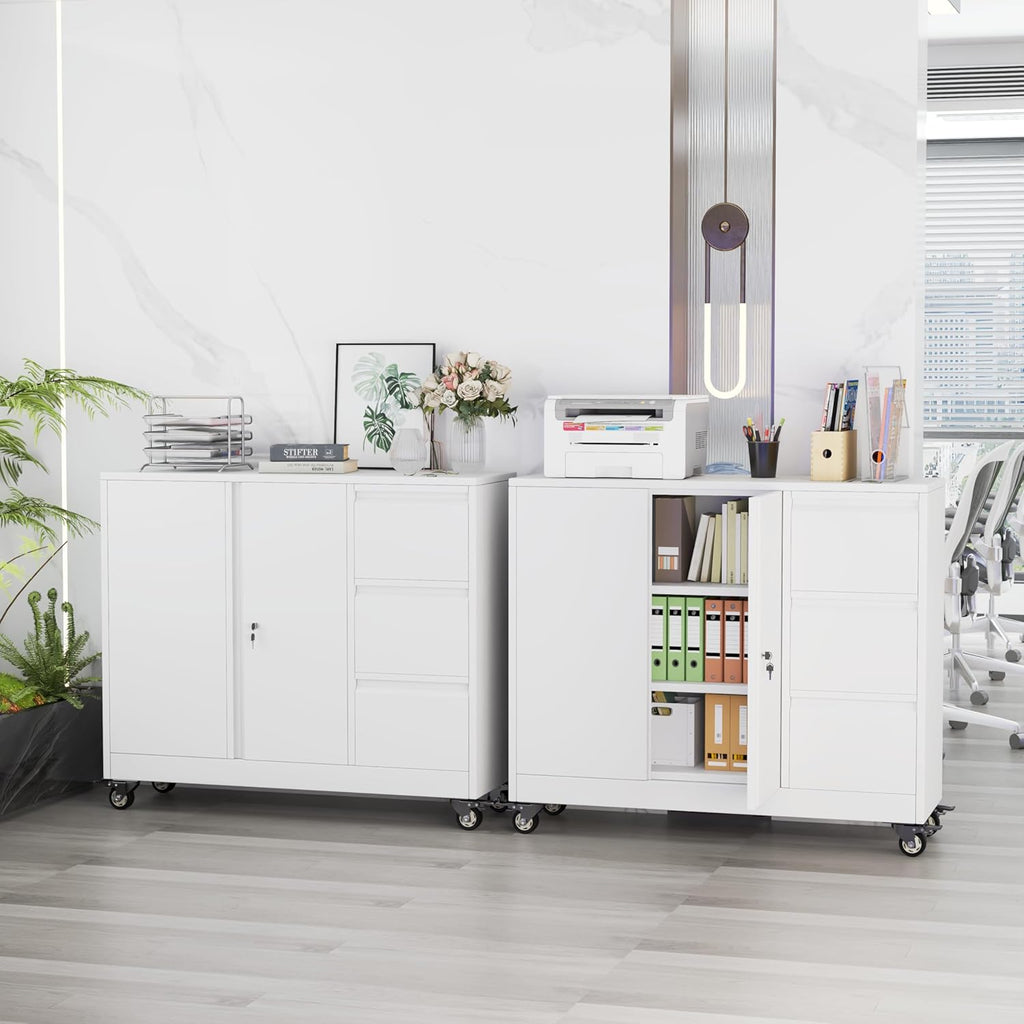 47" Rolling File Storage Locker Cabinet with 3-Drawer，Office Storage Cabinet with Adjustable Shelf & Universal Wheels, Mobile Printer Stand for Home Office, Living Dining Room,White
