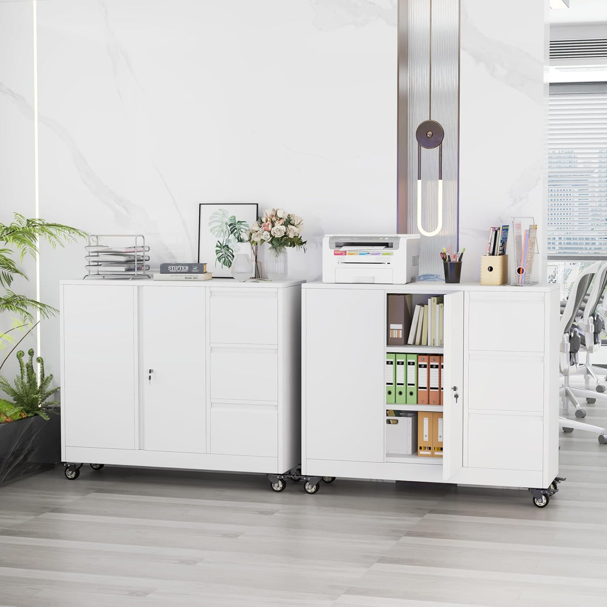 47" Rolling File Storage Locker Cabinet with 3-Drawer，Office Storage Cabinet with Adjustable Shelf & Universal Wheels, Mobile Printer Stand for Home Office, Living Dining Room,White