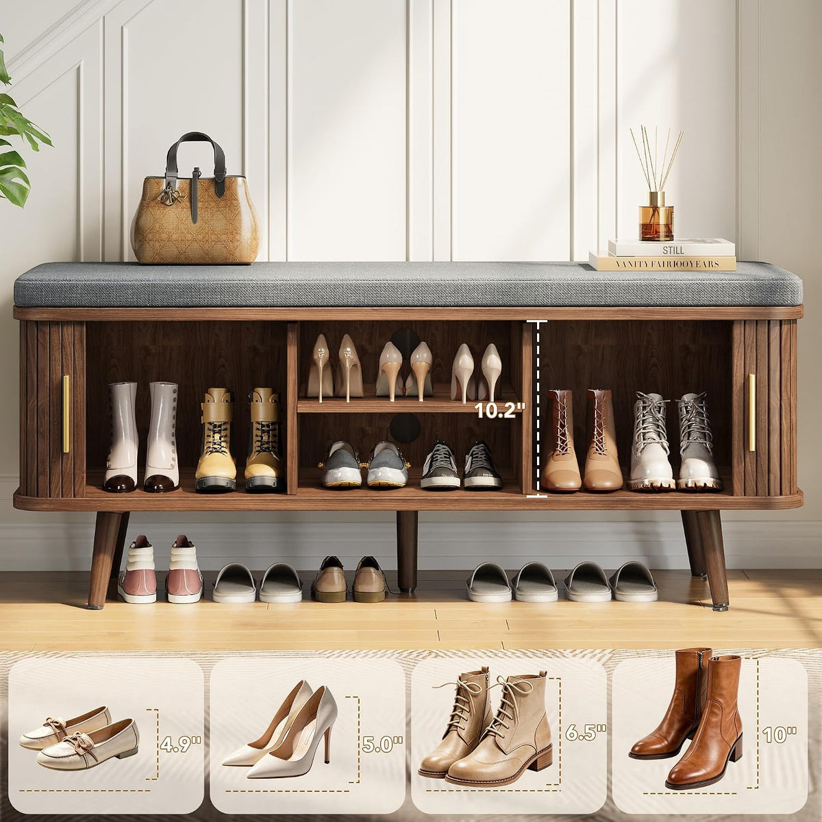 Decofy Shoe Storage Bench with Cushion and Sliding Doors, 47.2 Inch Shoe Bench with Storage, Freestanding Entryway Bench with Shoe Storage, with Solid Wood Legs, for Hallway & Entrance Hall, Walnut