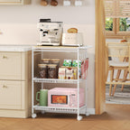 Microwave Kitchen Cart with 2 Lockable Wheels, White Kitchen Storage Cart with Push Handle, 3 Tier Rolling Cart with 210Lbs Capacity for Kitchen Island, Restaurant, Coffee Bar, Living Room, Office