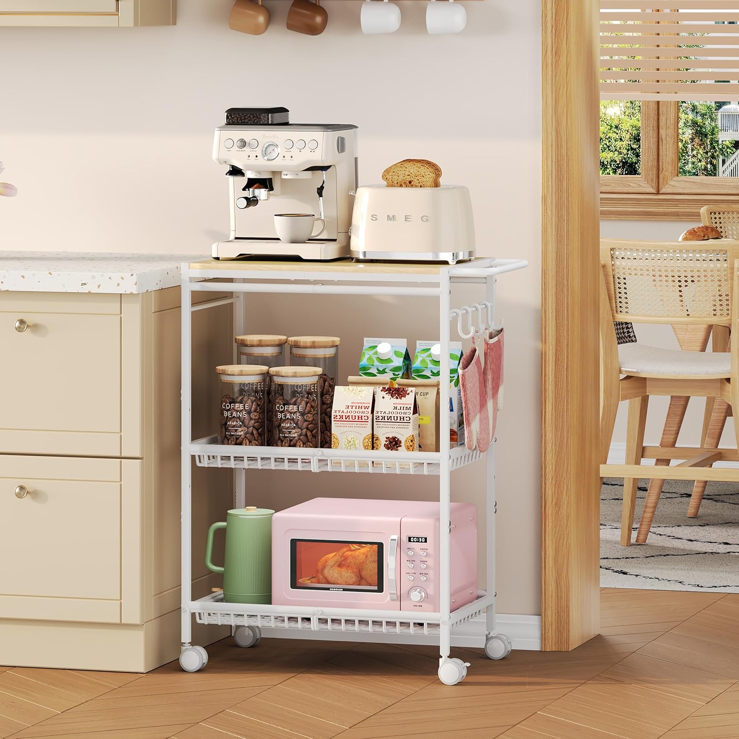 Microwave Kitchen Cart with 2 Lockable Wheels, White Kitchen Storage Cart with Push Handle, 3 Tier Rolling Cart with 210Lbs Capacity for Kitchen Island, Restaurant, Coffee Bar, Living Room, Office