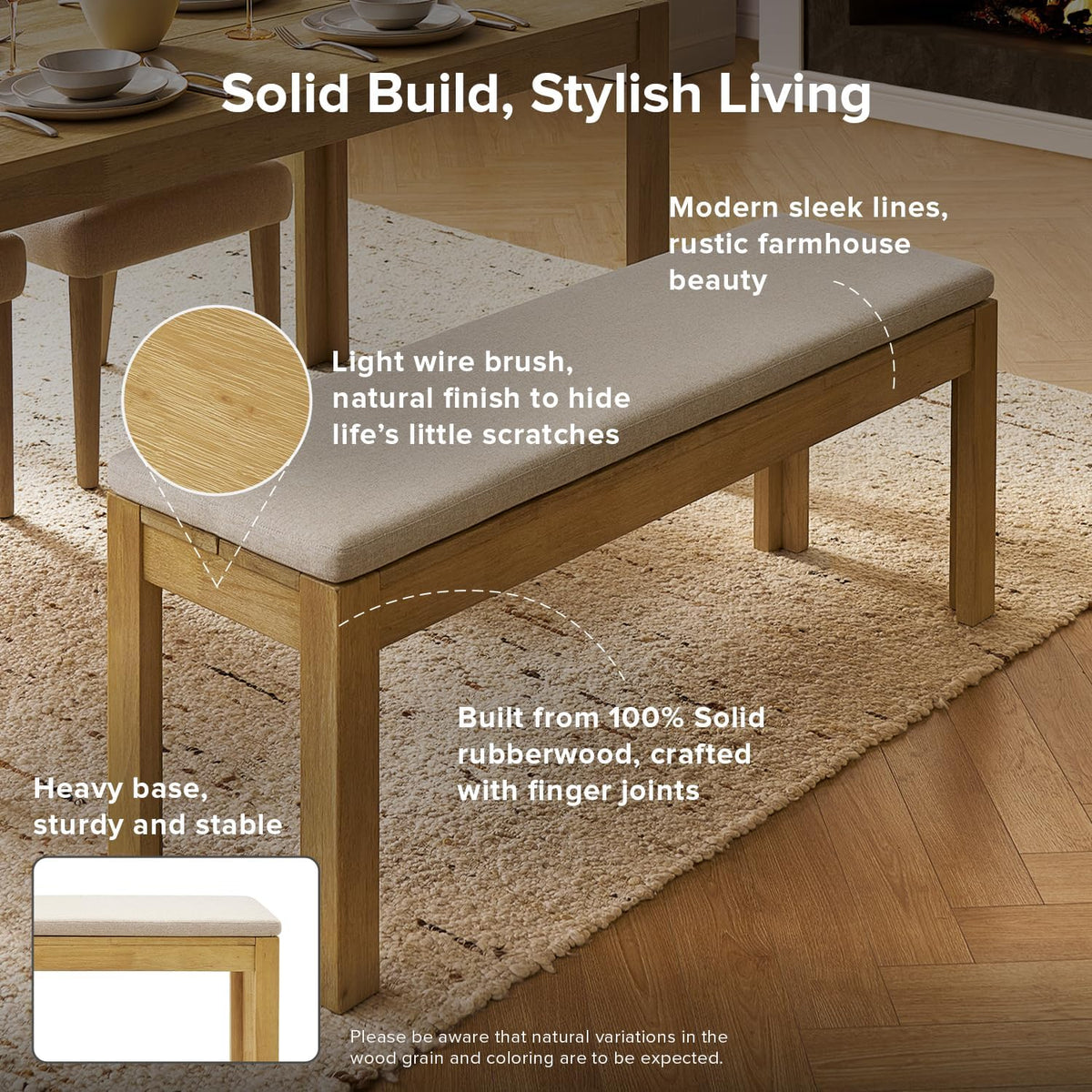 mopio Logan Upholstered Beige Dining Bench, Modern Farmhouse Solid Wood with Light Wire Brush for Dining Room and Kitchen (50" Dining Bench)