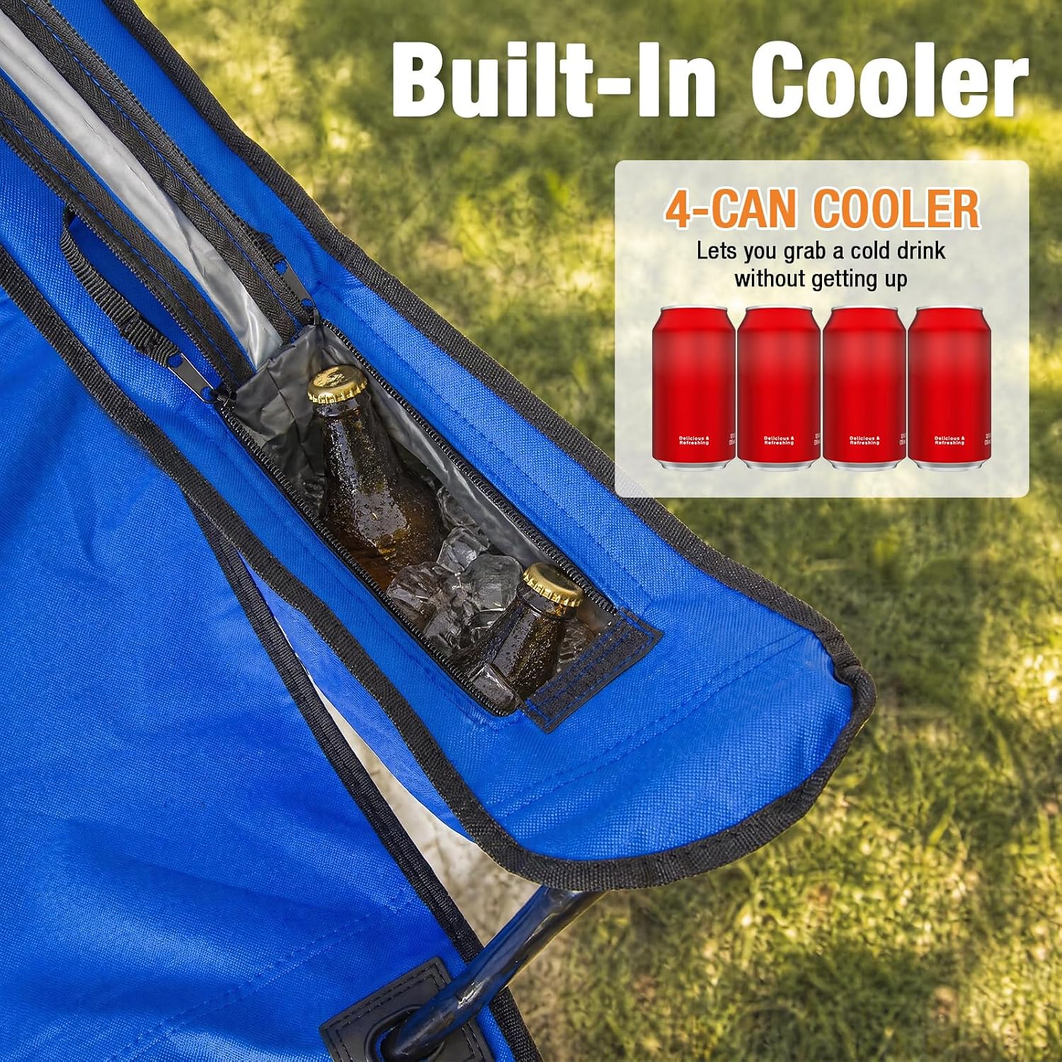 Romswi Portable Camping Chairs for Adult Support 400 LBS, Folding Outdoor Chairs with 4-Can Cooler Bag, Folding Chair with Mesh Back for Outdoor, Fishing, Garden, 2-Pack, Blue
