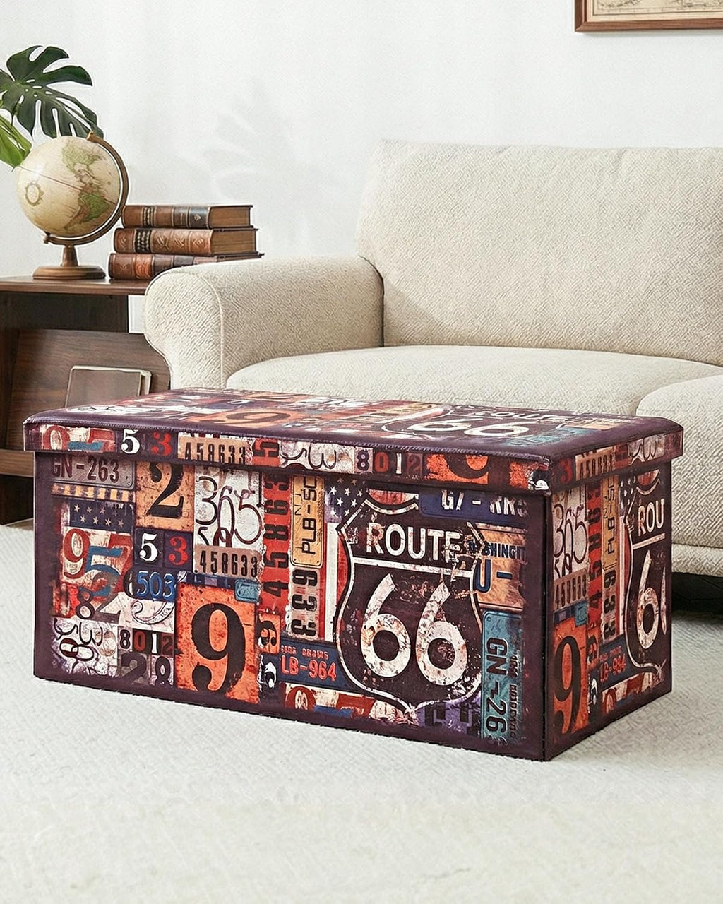 B FSOBEIIALEO Folding Storage Ottoman Bench, 30" Ottoman with Storage | Route 66 Faux Leather Foot Rest Chest Seat, Coffee Table, Storage Bench for Bedroom