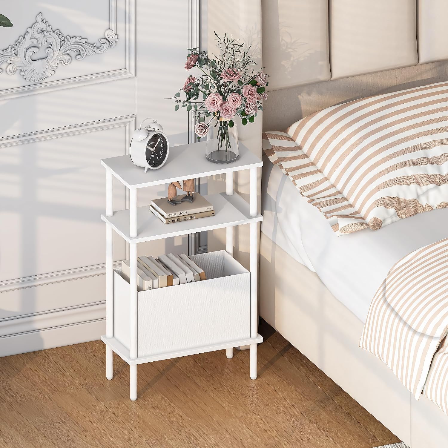 End Table with Storage Basket, Small Narrow Side Table for Bedroom Living Room, 3-Tier Slim Bedside Table, 25" H Nightstand with Fabric Shelf, White