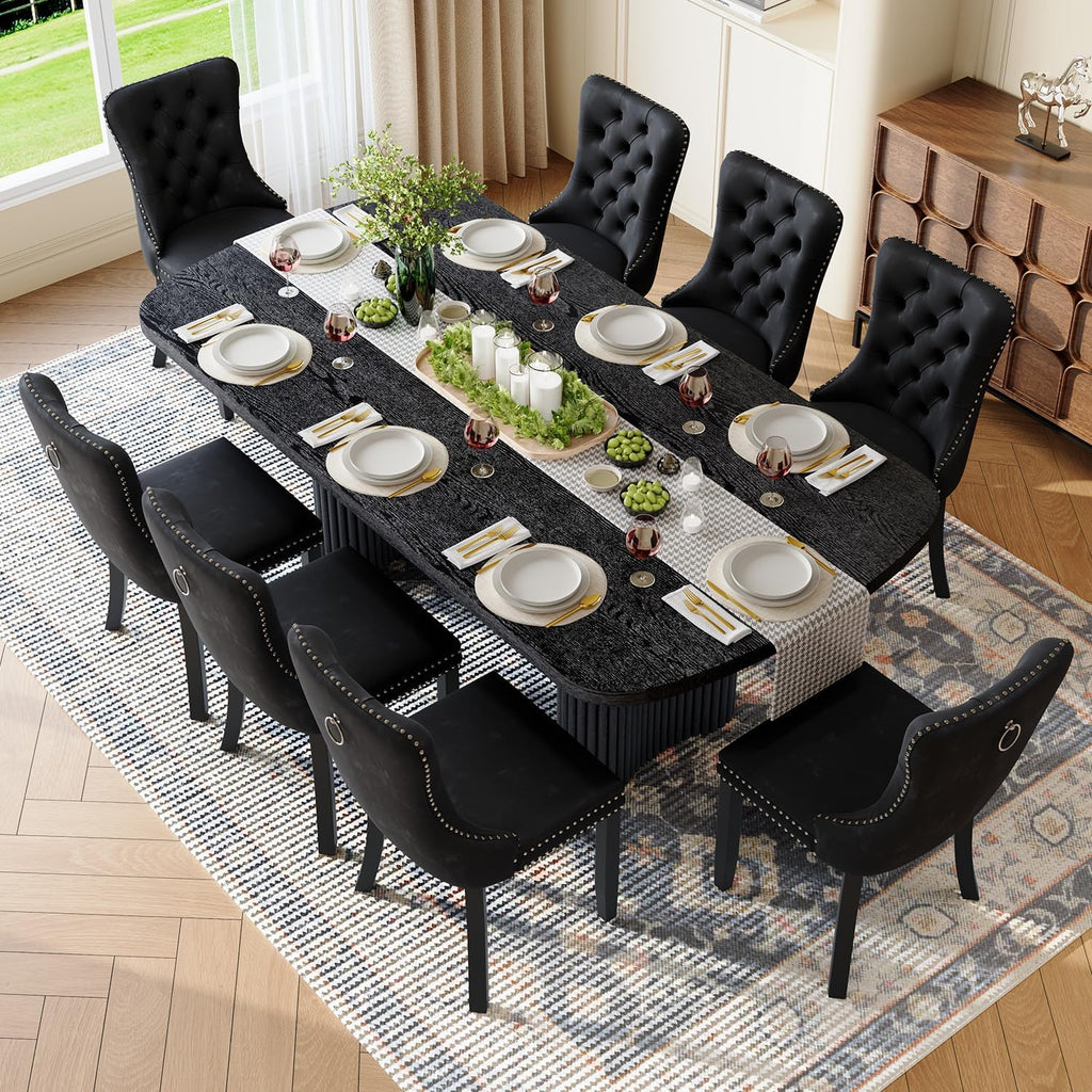 Dining Table Set for 8, 79'' Large Modern Rectangular Dining Room Table with 8 Velvet Chairs, Black Wood Finish, Reinforced Pedestal Base & Thick Tabletop, Stable Design for Home Dining