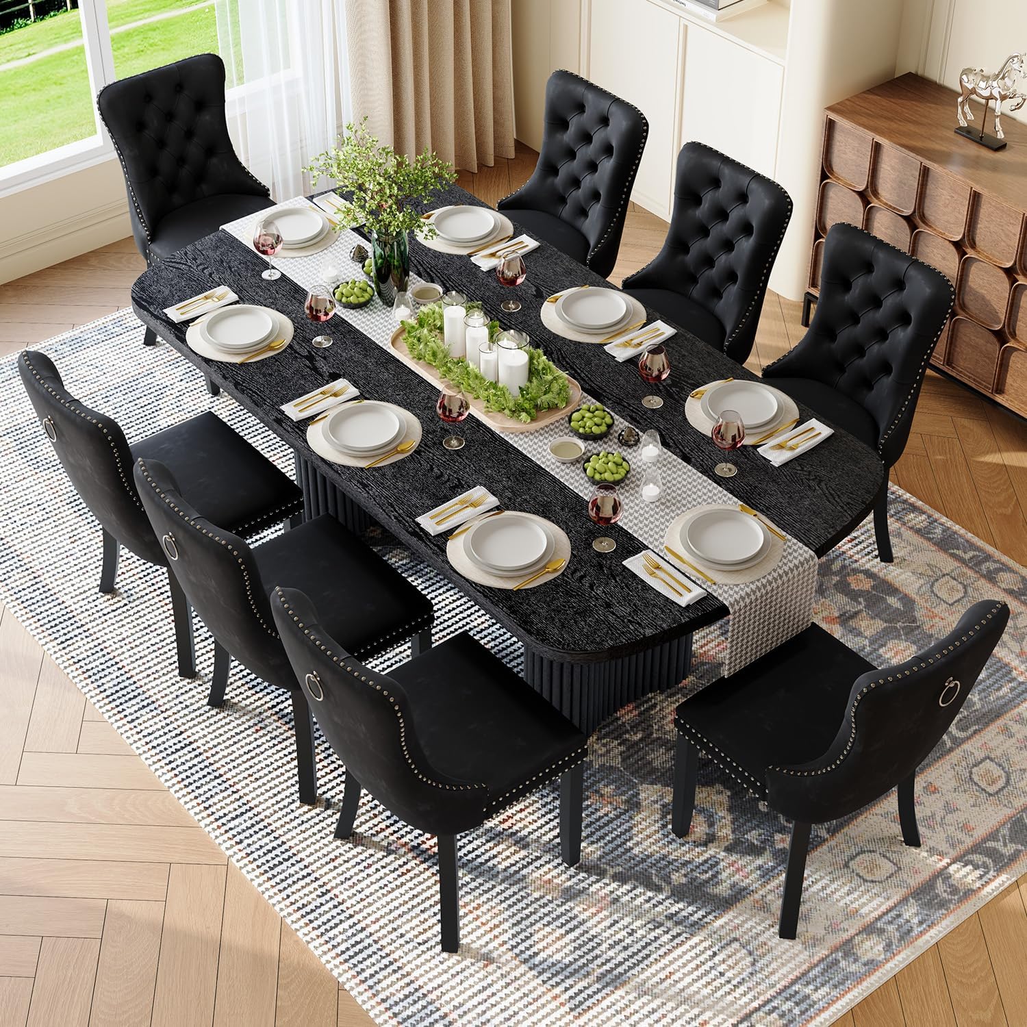 Dining Table Set for 8, 79'' Large Modern Rectangular Dining Room Table with 8 Velvet Chairs, Black Wood Finish, Reinforced Pedestal Base & Thick Tabletop, Stable Design for Home Dining