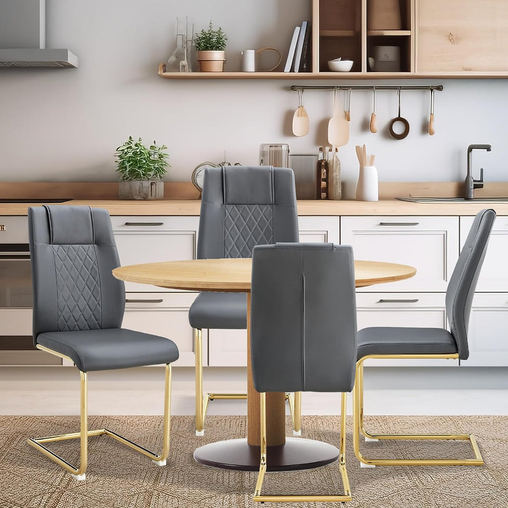 cinkehome Modern Gray Dining Chairs Set of 4 with Gold Metal Legs, High Back Upholstered Armless Side Chair for Kitchen, Dining Room, Faux Leather