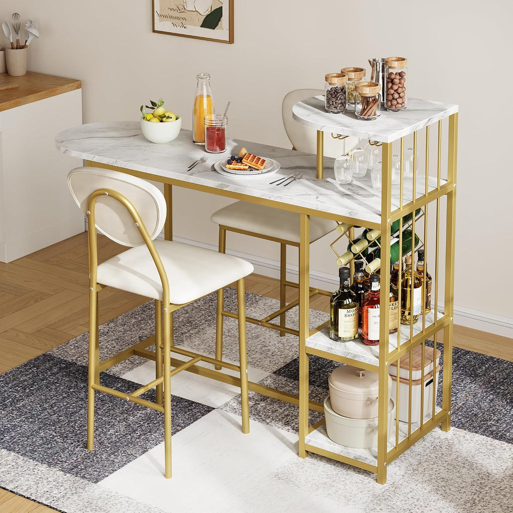 Garvee Dining Table Set for 2, 3-Piece Expandable Bar Table and Chairs Set | Bar Table and Chairs Set with Storage Shelves and Wine Rack, Small Kitchen Dining Set for Living Room, Apartment
