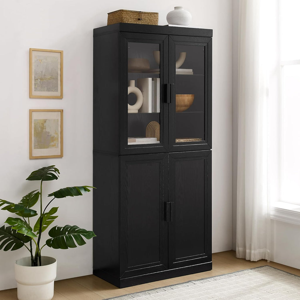 Crosley Furniture Essen Glass Door China Hutch Kitchen Pantry Storage Cabinet with Doors and Shelves, Black