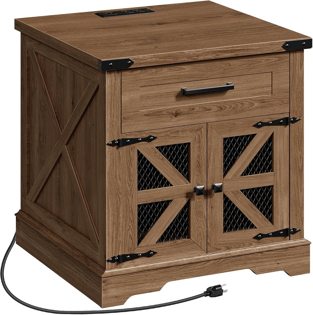 RALGEND Walnut Farmhouse End Table with Charging Station, 24" Large Sofa Side Table with Drawer, Large End Table for Living Room, Wooden Nightstand with Outlet, Square, Walnut