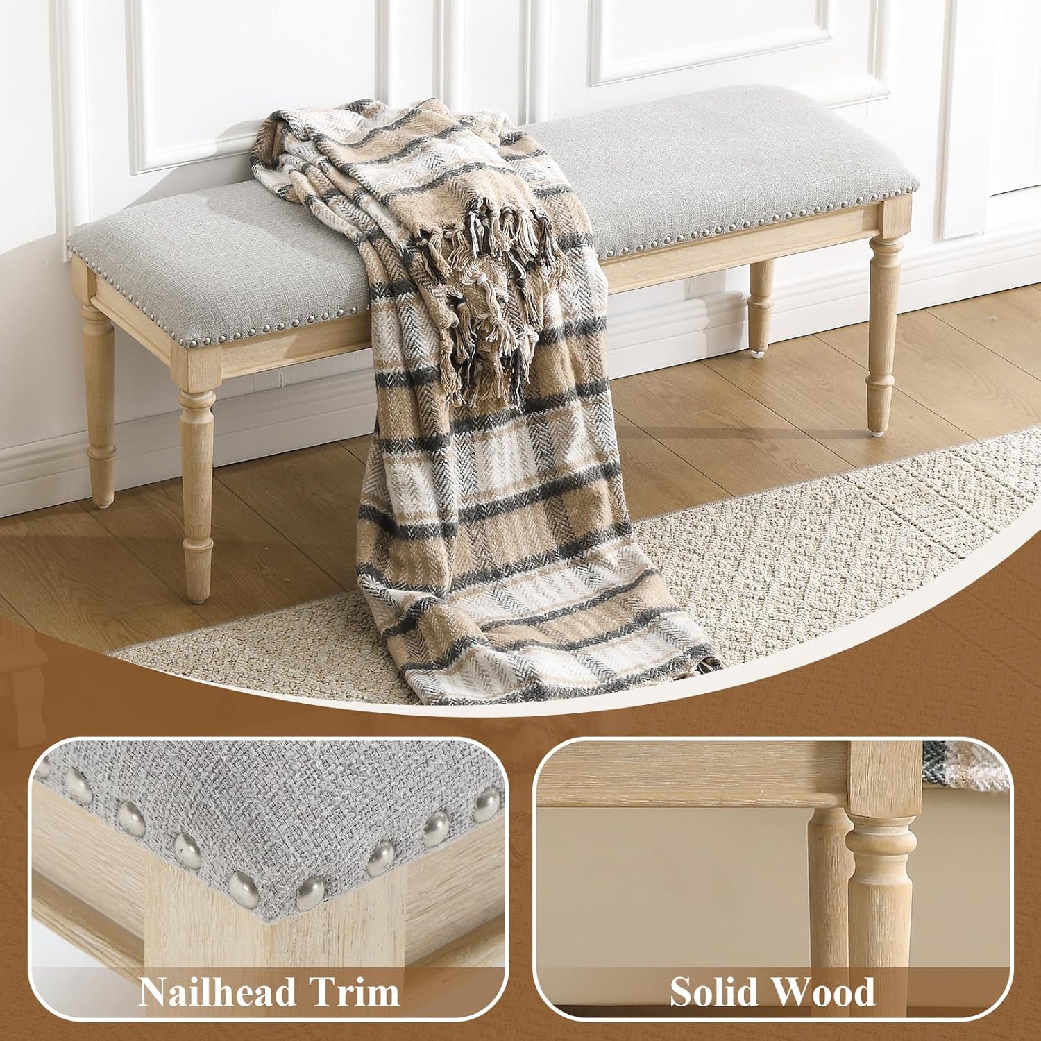 46'' French Country Entryway Bench Wooden Linen Fabric Upholstered Seat Dinng Bench with Nailhead Trim for Hallway End of Bed, Grey