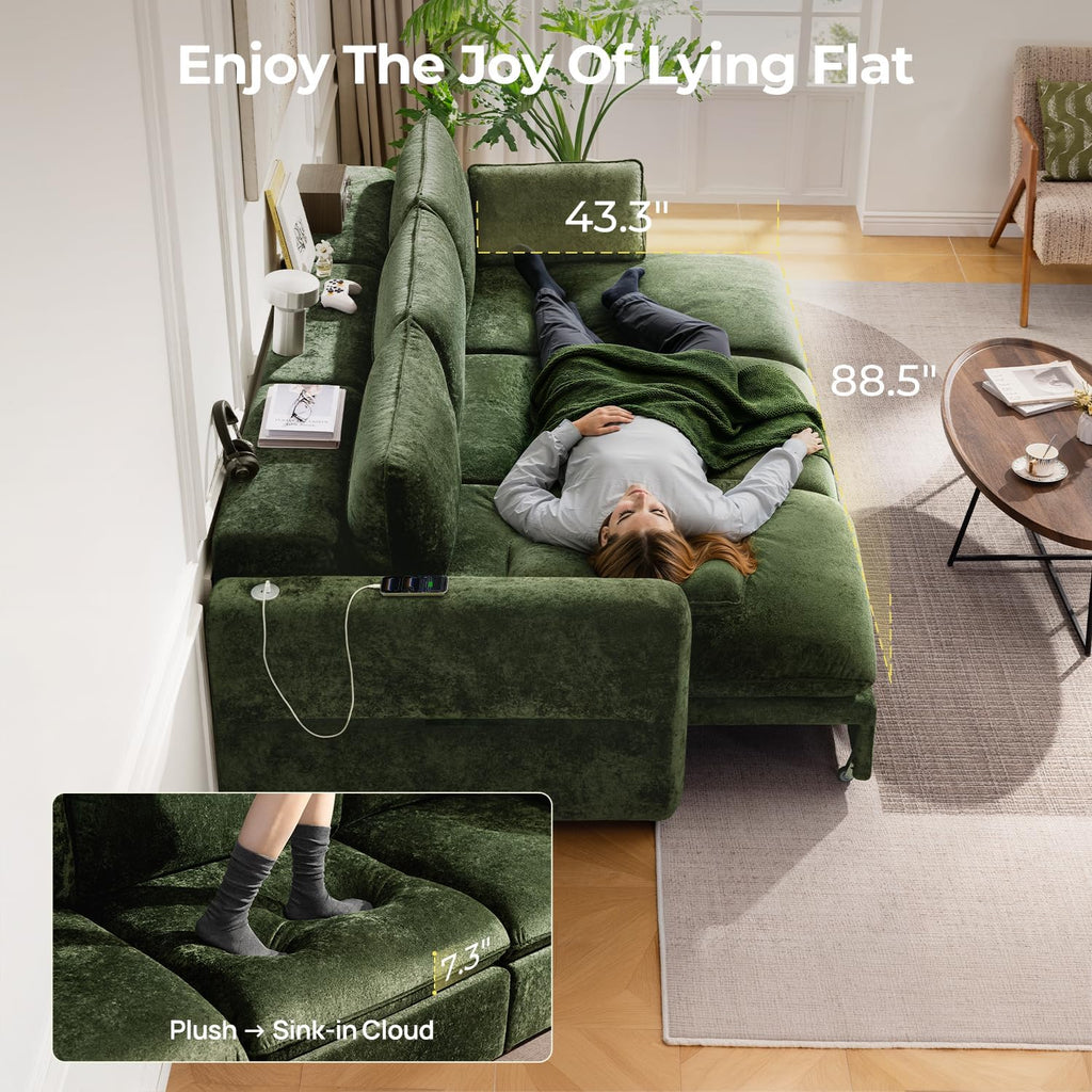 103" Electric Pull Out Sleeper Sofa Bed, 2in1 Power Extendable Couch Bed | Velvet Green, Fast Charging USB Port, 3 Smart Motor, Wide Backrest, Oversized Convertible Couches for Living Room Small Space