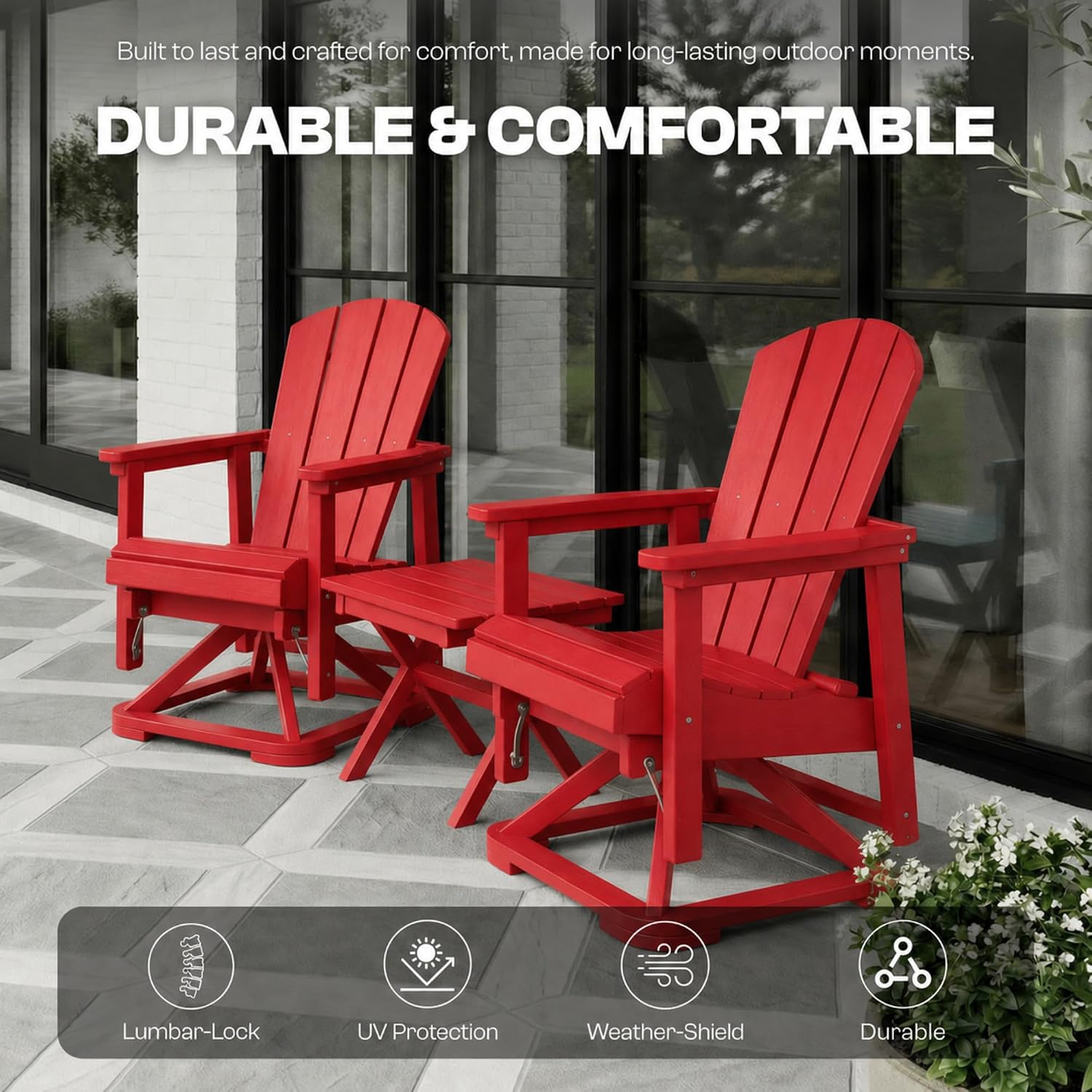 Set of 2 Adirondack Swivel Glider Chairs, All-Weather HDPE Patio Glider Set for Porch, Balcony, Heavy Duty Swivel Rocker Outdoor Seating, 360 Degree Rotation, Red