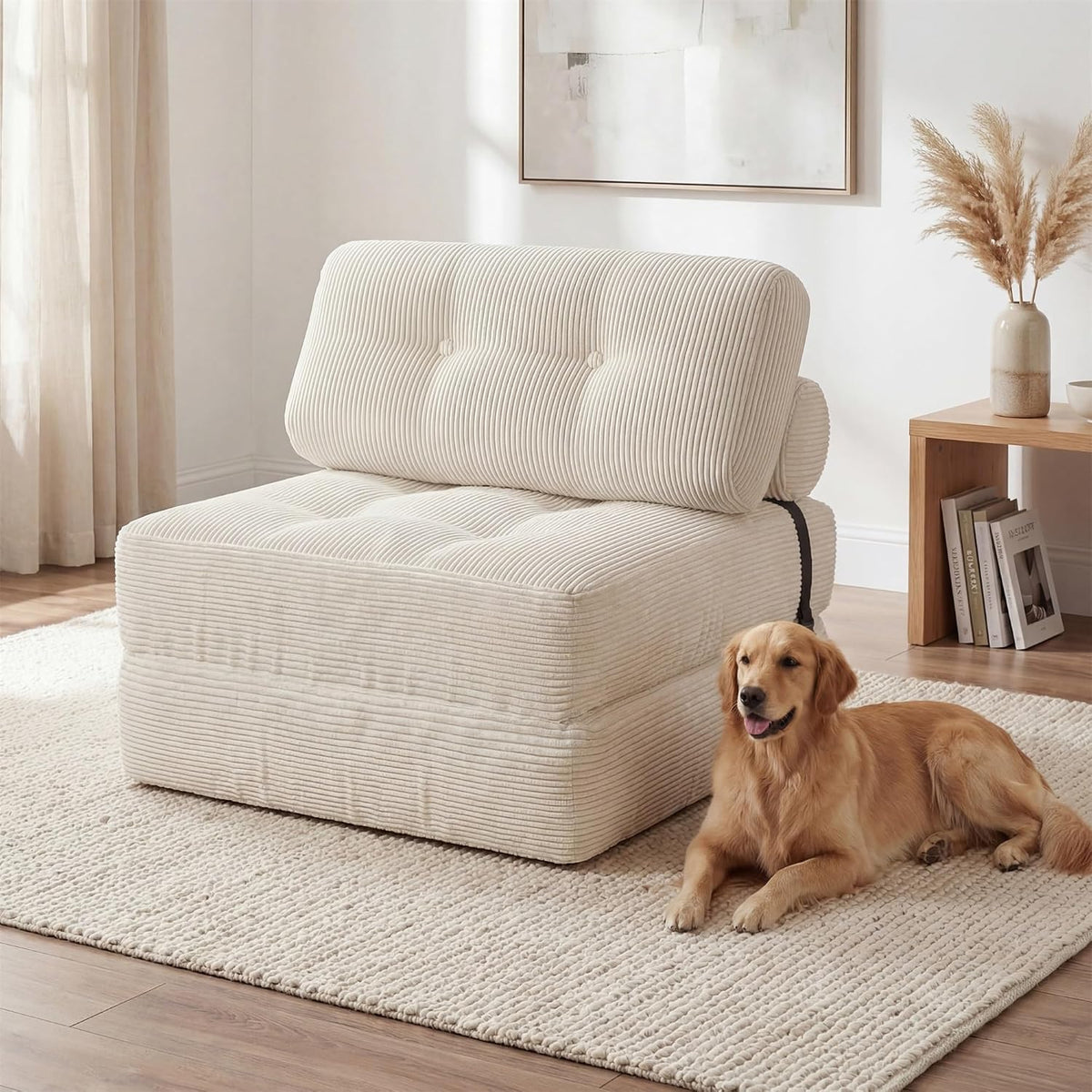 KOMFOTT Convertible Folding Sofa Bed with Pillow, Fold Out Sleeper Chair with Back Support, Tufted Corduroy Floor Sofa with Fixing Straps for Living Room Bedroom Guest Room (Beige)