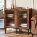 BVIUNTWO Glass Door Cabinet,2-in-1 Buffet Cabinet with Storage,32 Inch Farmhouse Console Table with Metal Base,Sideboard Coffee Bar Cabinet for Kitchen,Dining Room,Living Room,Brown