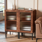 BVIUNTWO Glass Door Cabinet,2-in-1 Buffet Cabinet with Storage,32 Inch Farmhouse Console Table with Metal Base,Sideboard Coffee Bar Cabinet for Kitchen,Dining Room,Living Room,Brown