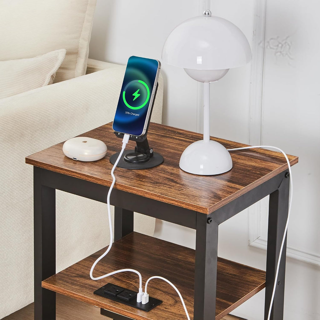 VECELO End Table with Charging Station and USB Ports, Small Wood Nightstand Modern Style, 24" Tall Living Room Side Table with 3-Tier Storage Shelves for Small Spaces, Office, Bedroom, Retro Brown