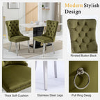 Round Glass Dining Table Set for 2, Small Kitchen Table Set for 2, 35" Round Glass Table and Olive Green Velvet Tufted Chairs Set of 2, 3 Piece Round Dining Room Table Set for Breakfast Dinette Cafe