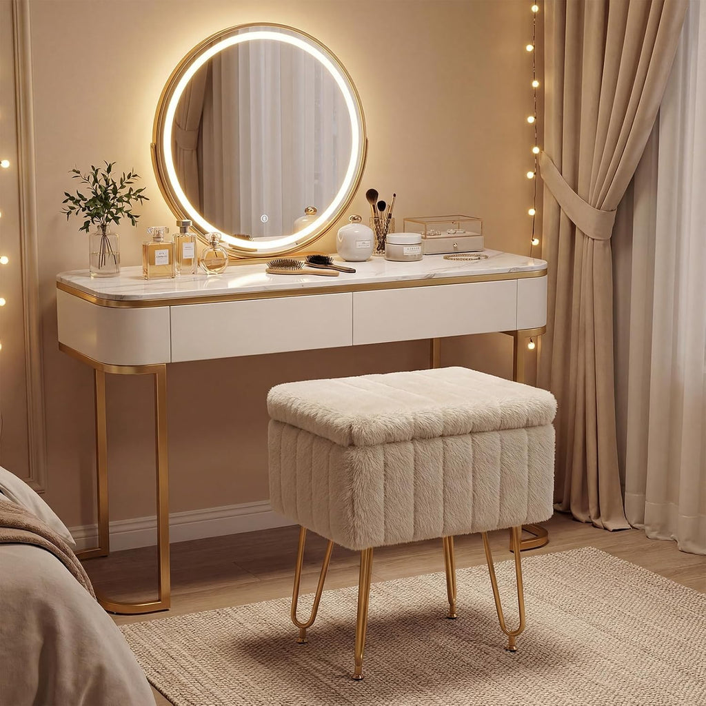 OLIXIS Vanity Stool Chair Faux Fur with Storage, Soft Ottoman 4 Metal Legs with Anti-Slip Feet, Makeup Cute Soft Small Footstool, Modern Style Faux Fur Seat for Makeup, Bedroom Dresser, Camel