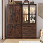 75" Tall Farmhouse 4 Doors Armoire Wardrobe Closet with 3 Drawers and LED,Freestanding Closet Wardrobe Cabinet for Bedroom with Hanging Rod,Wooden Armoire Storage Cabinet with Adjustable shelve(Brown)