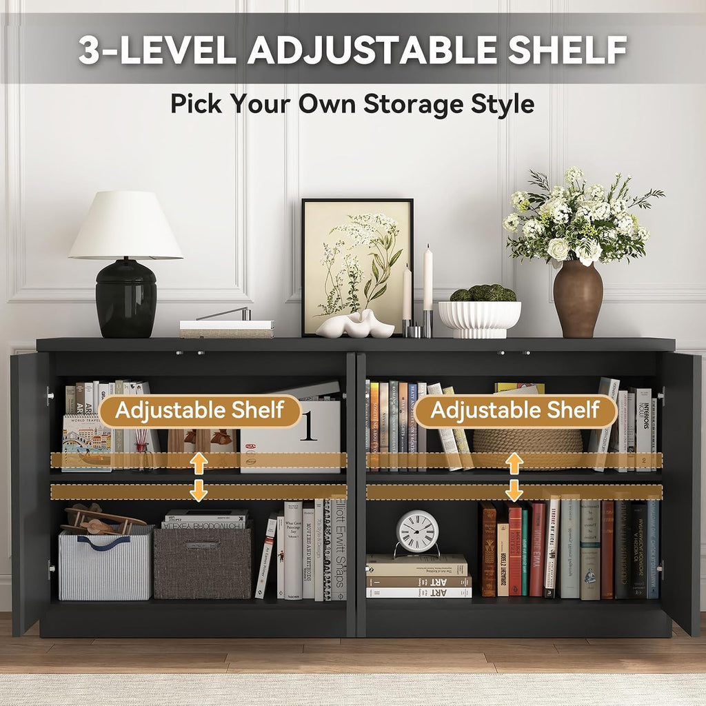 63" Fluted Buffet Cabinet Sideboard with Storage,Large Credenza with 4 Doors with Adjustable Shelves,Wood Mid Century Modern Sideboard for Kitchen, Living Room,Entryway(Black)