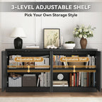 63" Fluted Buffet Cabinet Sideboard with Storage,Large Credenza with 4 Doors with Adjustable Shelves,Wood Mid Century Modern Sideboard for Kitchen, Living Room,Entryway(Black)