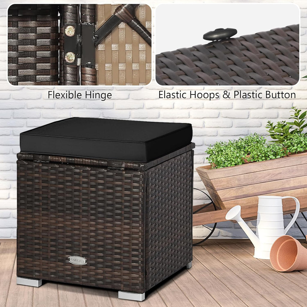 ORALNER 16" Outdoor Ottoman, Set of 2 Wicker Ottoman with Storage, All-Weather Rattan Cube Footstool w/Removable Cushion Covers, Square Foot Rest Seating for Patio, Porch, Deck, Poolside (Black)