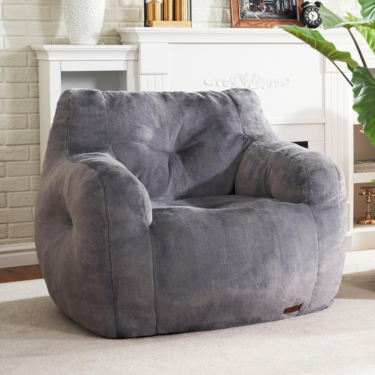 Hobestluk Furry Bean Bag Chair with Arms, Foam Filler for Adult, Grey | Soft Faux Fur Cover, High-Density Resilient Foam, Wide Backrest & Arm-rest, Carrying Handle, Fits Small Spaces, No Assembly