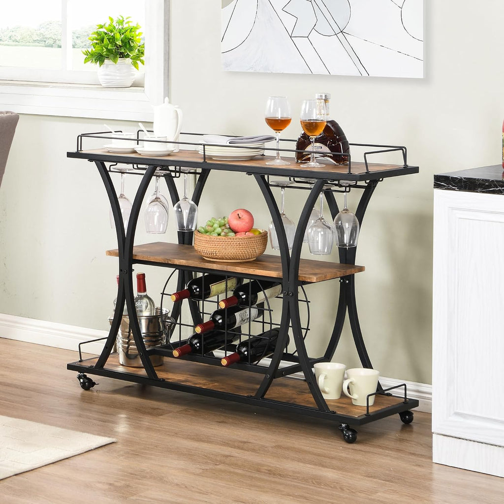TQVAI Wooden Bar Cart with Wine Rack and Glass Holder, 3-Tier Rolling Bar Serving Cart for Home Bar, Kitchen, Party, Metal Frame, Lockable Wheels, Antique Brown