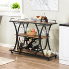 TQVAI Wooden Bar Cart with Wine Rack and Glass Holder, 3-Tier Rolling Bar Serving Cart for Home Bar, Kitchen, Party, Metal Frame, Lockable Wheels, Antique Brown