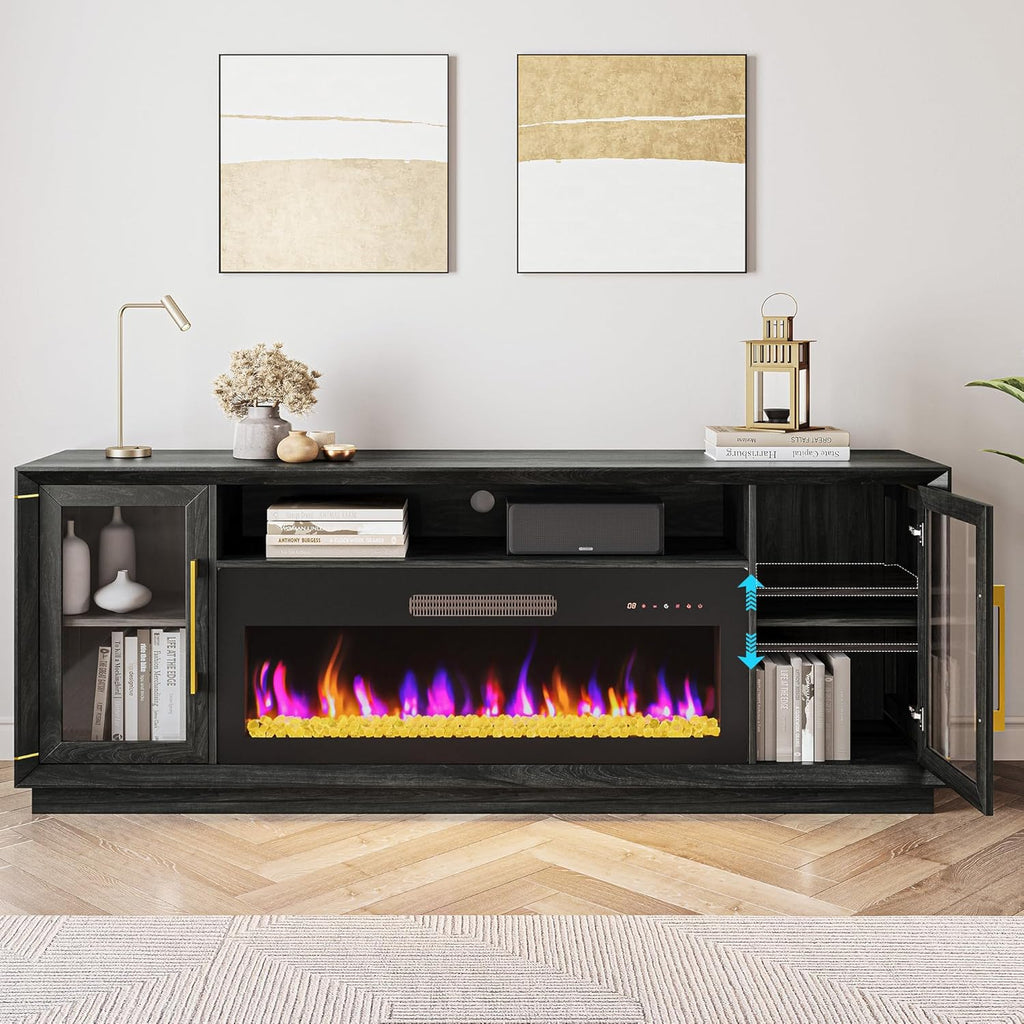BELLEZE 74" Extra Large TV Stand for TVs Up to 85", Media Console Table with 42" Electric Fireplace Heater, Entertainment Center with Storage Cabinets for Living Room - Black Ebony
