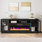 BELLEZE 74" Extra Large TV Stand for TVs Up to 85", Media Console Table with 42" Electric Fireplace Heater, Entertainment Center with Storage Cabinets for Living Room - Black Ebony