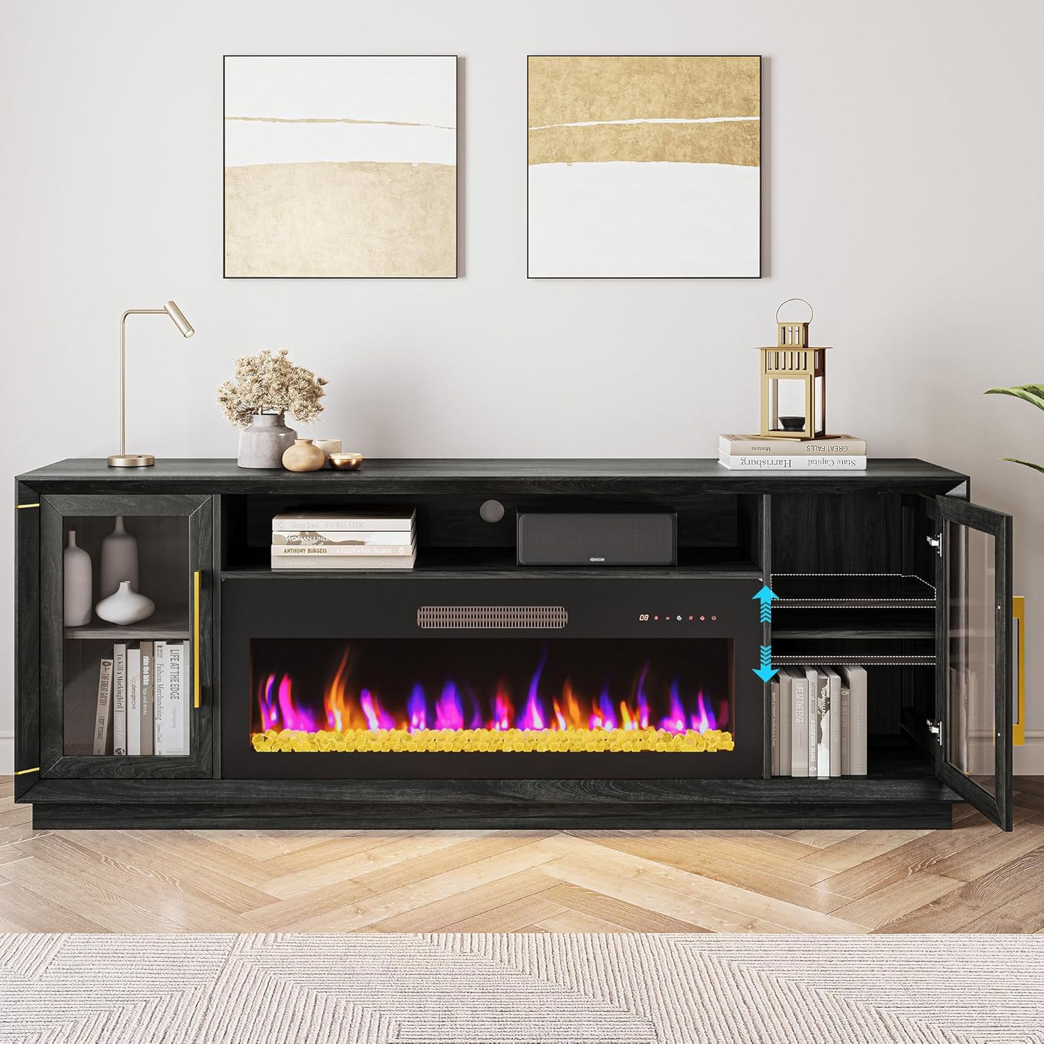 BELLEZE 74" Extra Large TV Stand for TVs Up to 85", Media Console Table with 42" Electric Fireplace Heater, Entertainment Center with Storage Cabinets for Living Room - Black Ebony