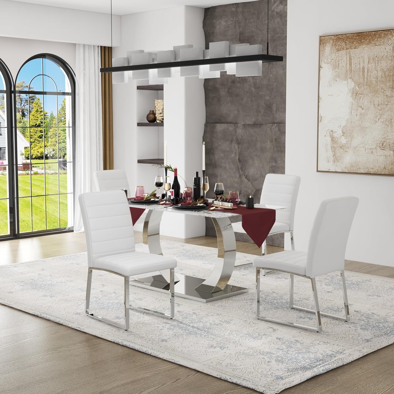 Modern Dining Chairs Set of 4, White Faux Leather Kitchen Chairs, Upholstered Armless Dining Room Chair with Silver Mental Legs Heavy Duty, Comfortable (White Chairs, Set of 4)