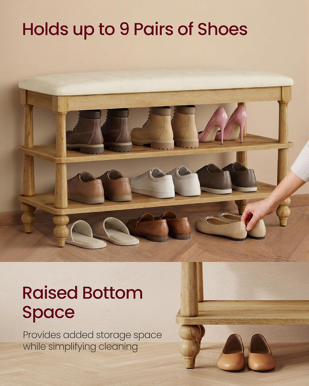 VASAGLE Mariel Collection - Shoe Bench, Wooden Entryway Bench with Padded Seat, 2-Tier Shoe Storage Rack, 31.5 x 11.6 x 19.7 inches, for Entryway and Bedroom, Natural Brown ULSB180K101S
