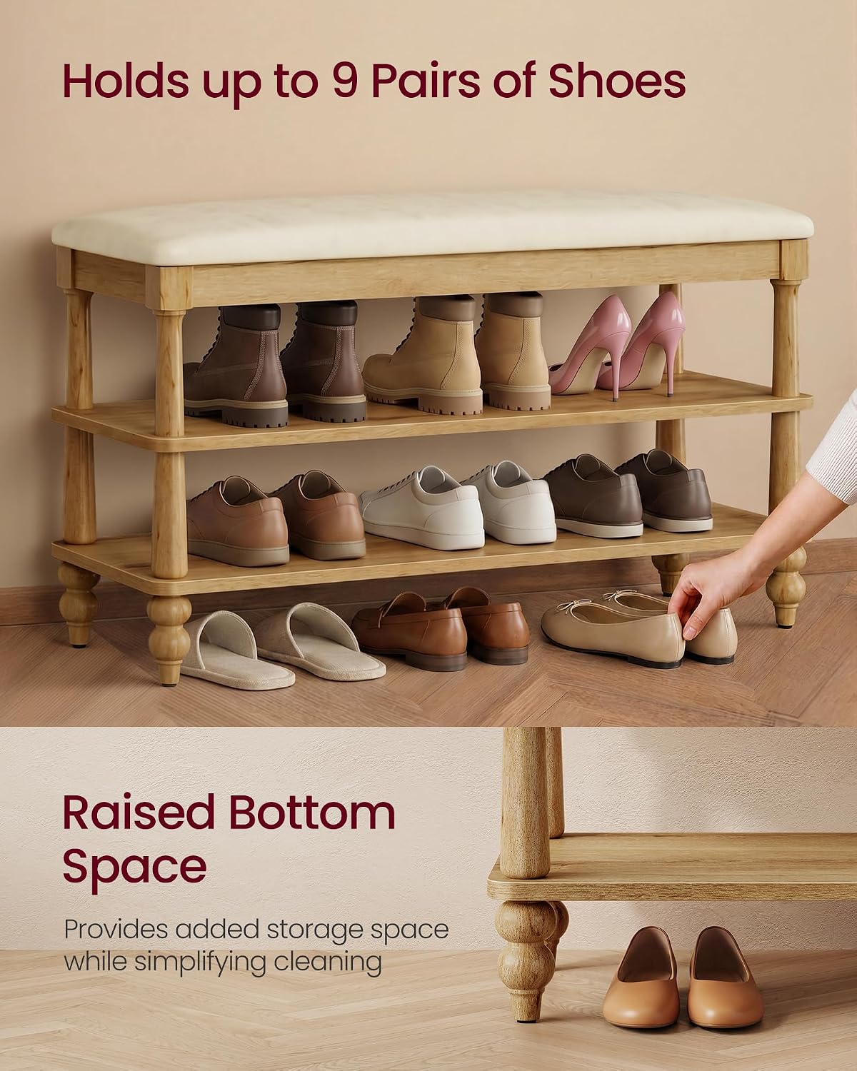 VASAGLE Mariel Collection - Shoe Bench, Wooden Entryway Bench with Padded Seat, 2-Tier Shoe Storage Rack, 31.5 x 11.6 x 19.7 inches, for Entryway and Bedroom, Natural Brown ULSB180K101S
