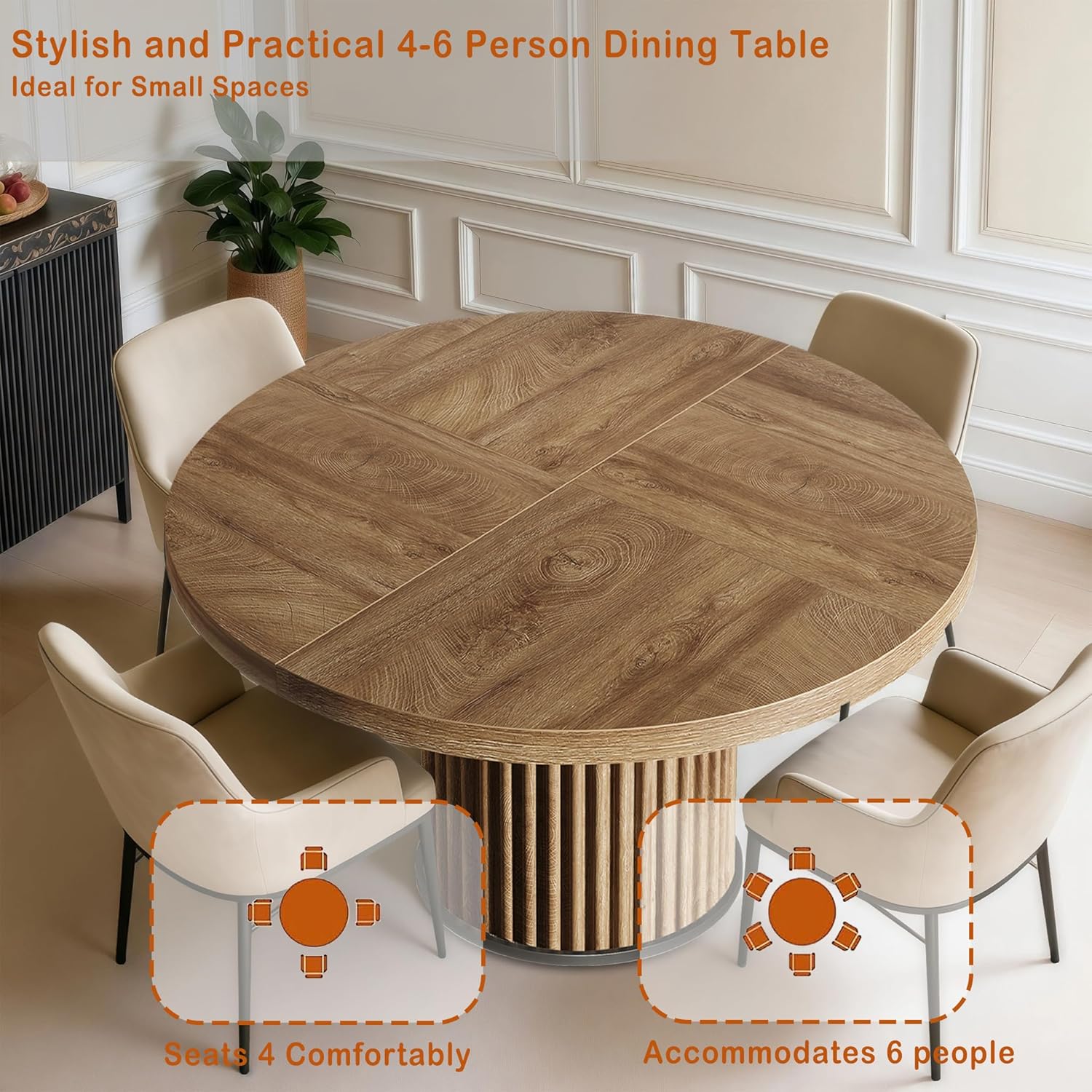 Oigavfd Black Round Dining Table for 4-6 People 47" Circle Dining Table with MDF Top and Fluted Base Round Kitchen Tables Sturdy 300 Lbs for Family Gatherings (Brown)