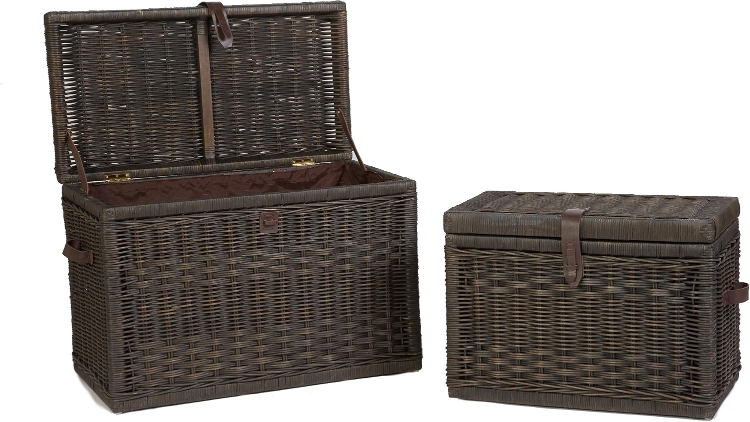 The Basket Lady Wicker Storage Trunk, M, Walnut Brown - fully assembled | Outside: 24" L x 13" W x 18" H | Inside: 22"L x 11"W x 15"H - Fabric lined. Handcrafted by artisans from natural rattan