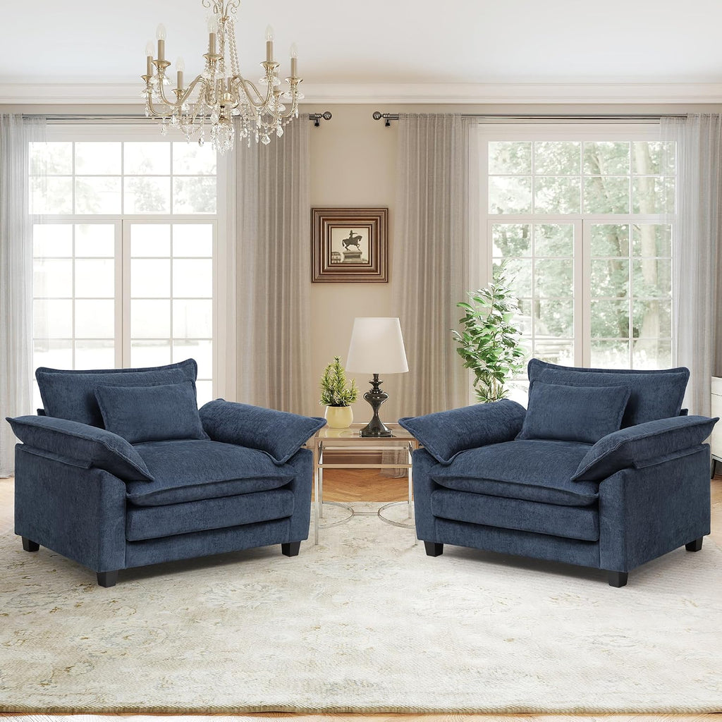 Modern Oversized Accent Chairs Set of 2,Chenille Cloud Sofa Chair with Deep Seat,Upholstered Armchair with Extra Thick,Comfy accent chairs Reading Chairs for Living Room Bedroom Apartment BLUE