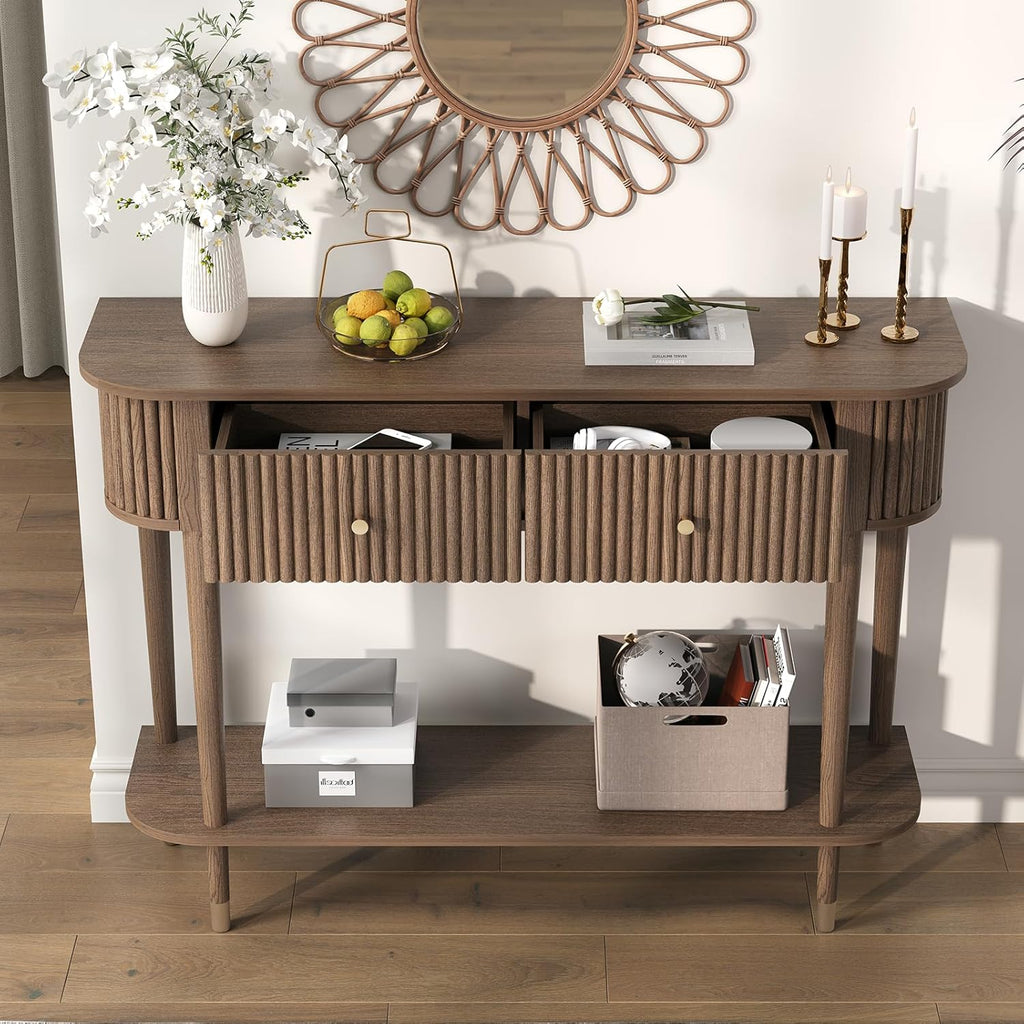 JOINICE 43" Entryway Table with Drawers,Fluted Console Table with Storage Shelf,Narrow Sofa Table for Living Room,Hallway,Foyer,Walnut