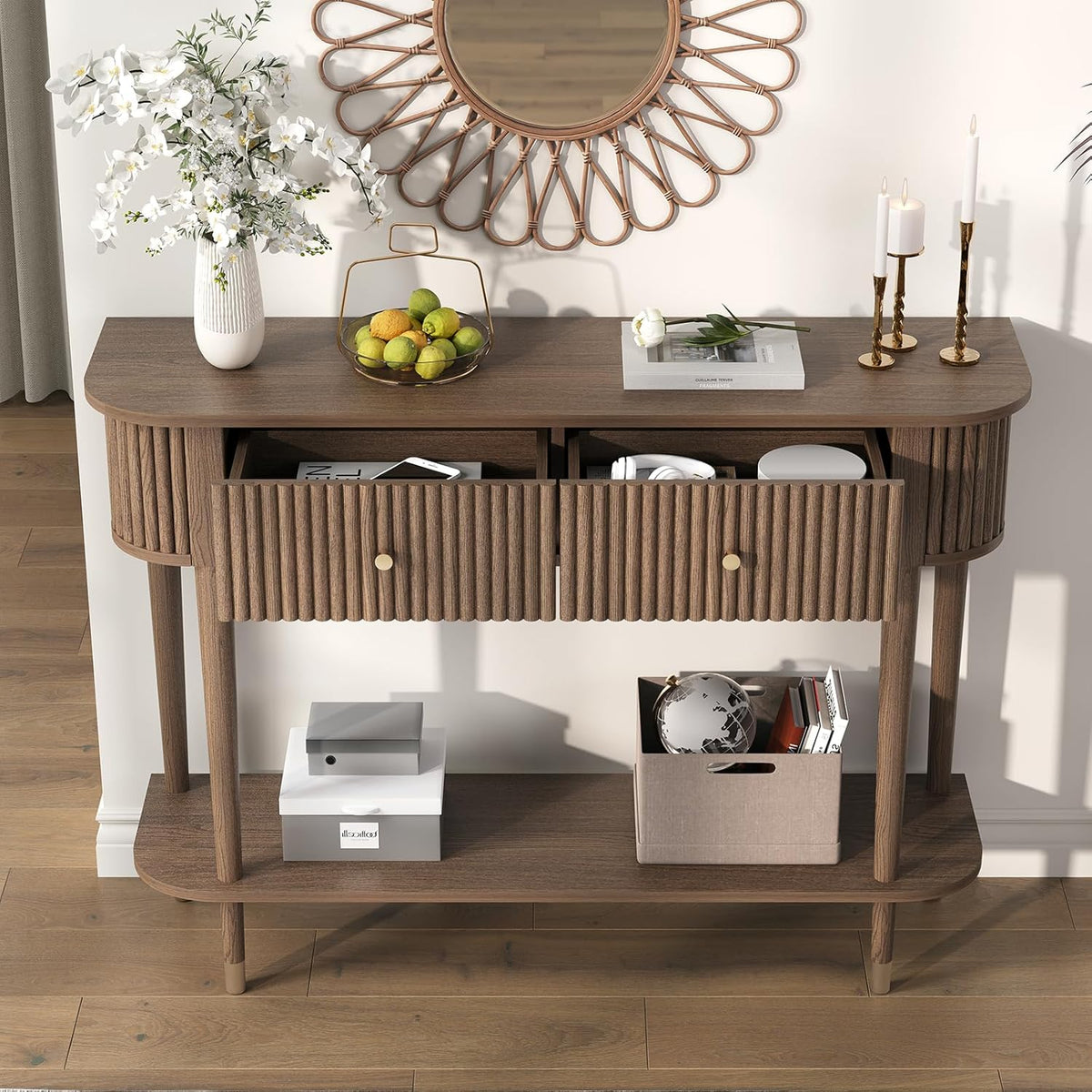 JOINICE 43" Entryway Table with Drawers,Fluted Console Table with Storage Shelf,Narrow Sofa Table for Living Room,Hallway,Foyer,Walnut