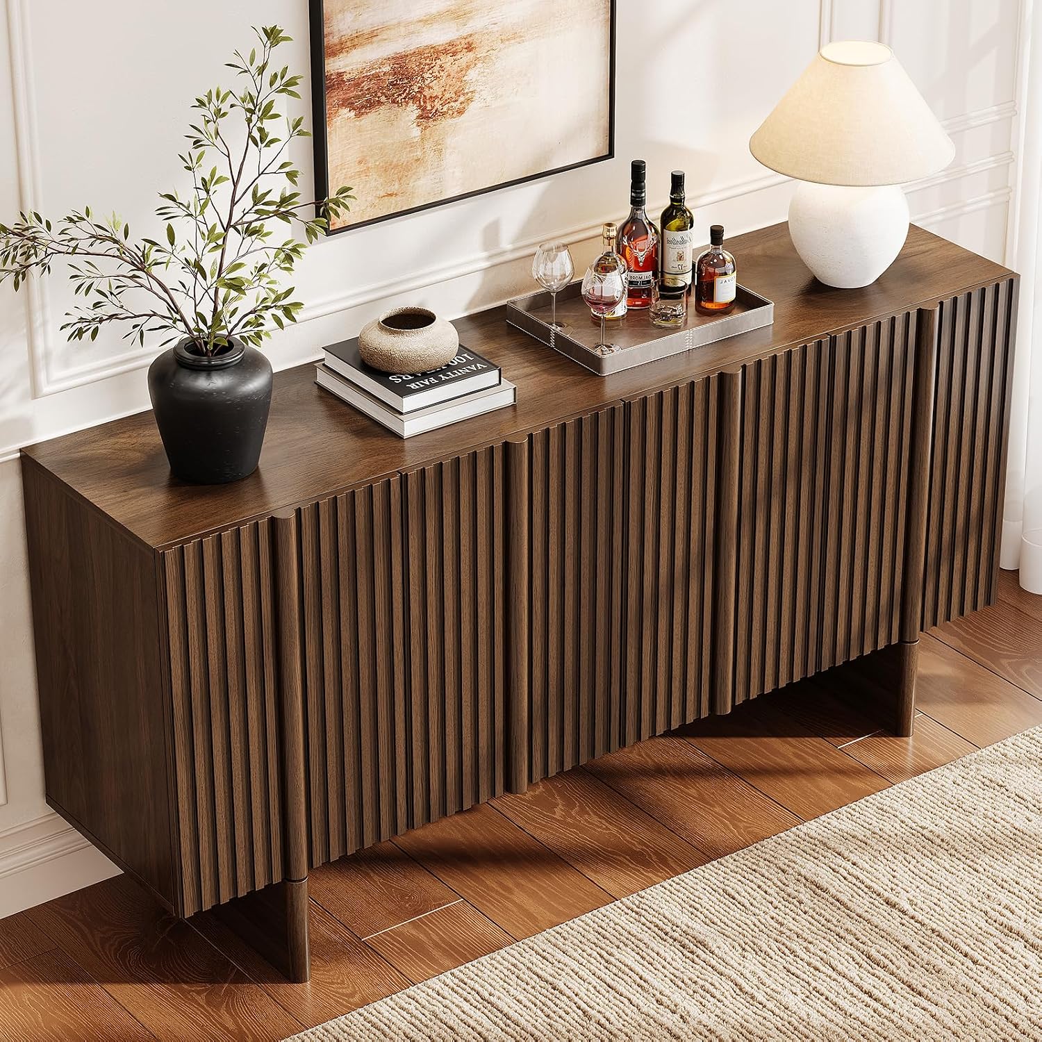 ONBRILL 63" Fluted Sideboard Cabinet with Storage Adjustable Shelves Walnut