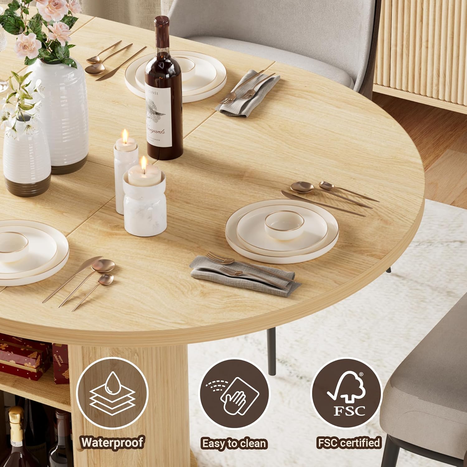 40-55in Extendable Round Table for 4-6, Multi-Use Oval Dining Table with Hidden Storage, Expandable Kitchen Table with Fluted Sliding Door Cabinet for Dining Room,Apartment or Meeting Room