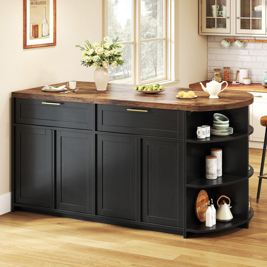 HSH 63 Inch Large Kitchen Island with Storage and Seating, Rustic Brown | Stationary Island Table with Storage Drawers, Cabinets, Oval Open Shelves, Wood Counter Prep Island for Kitchen Dining Room
