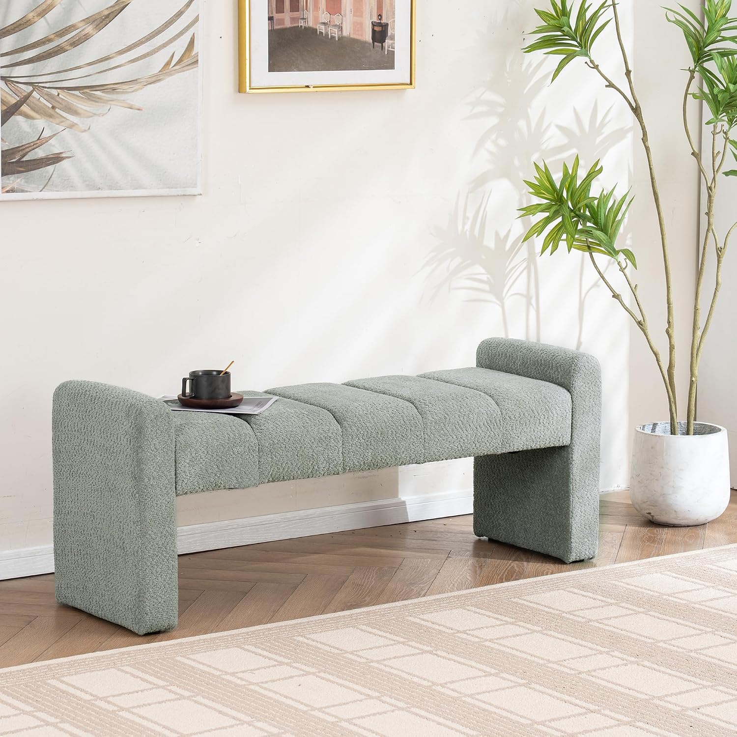54" Boucle Bench for Bedroom Window End of Bed, Sage | Long Tufted Padded End of Bed Bench, Upholstered, For Living Room/Entryway/Dining Bench/Hallway/Indoor, Modern