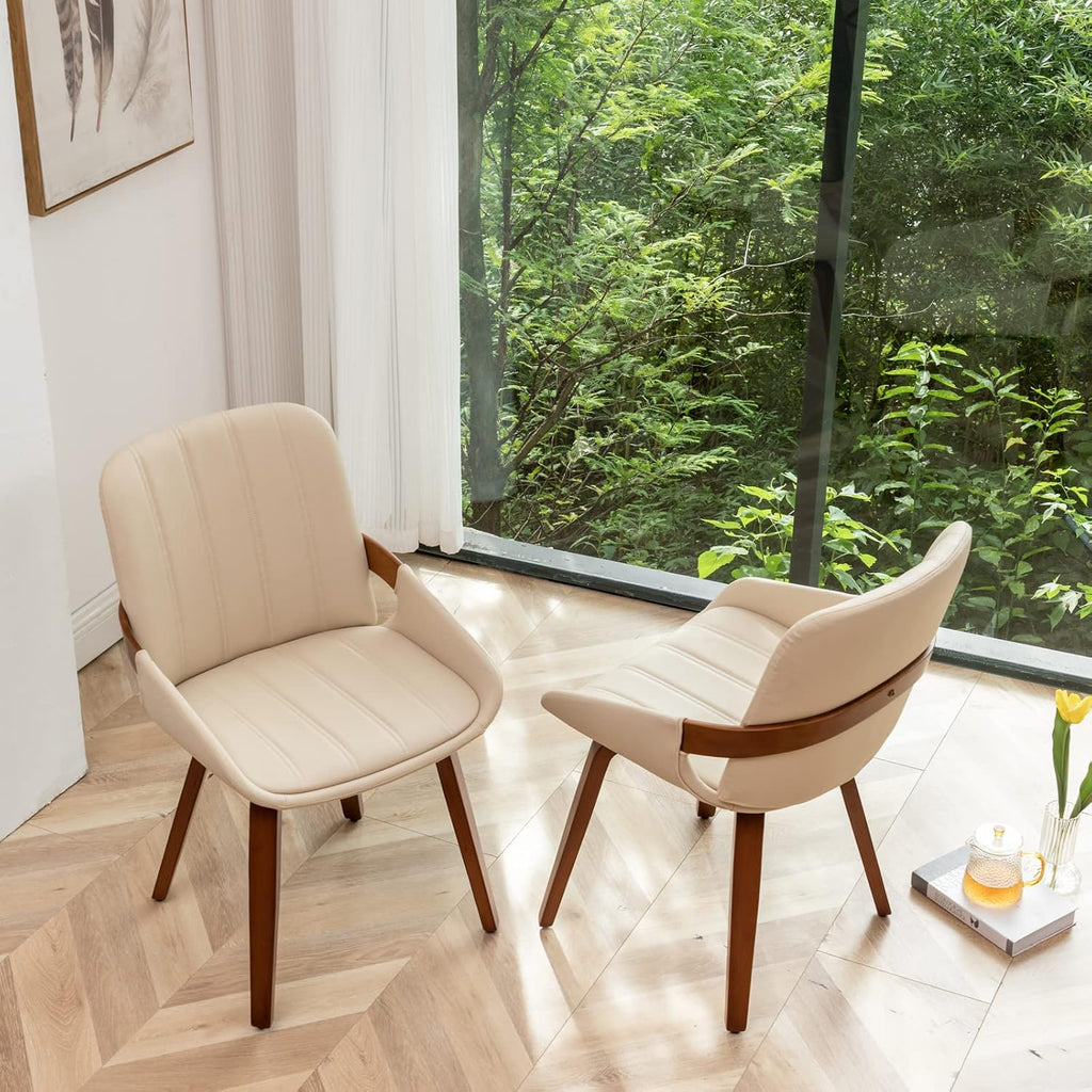 Mid Century Modern Faux Leather Upholstered Dining Chairs,Armless Accent Chairs with Sturdy Natural Wood Legs,Bamboo Backrest Support for Kitchen&Dining Room Chairs(Set of 4,Beige)